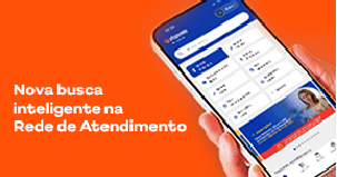 Celular com app Hapvida e texto sobre nova busca inteligente